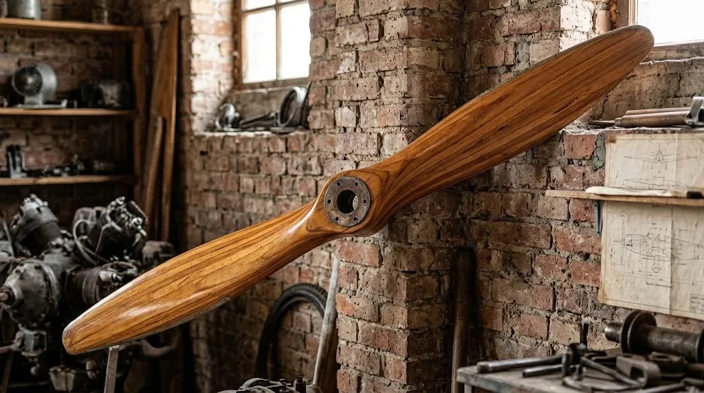 Elica d'epoca in legno su parete di mattoni